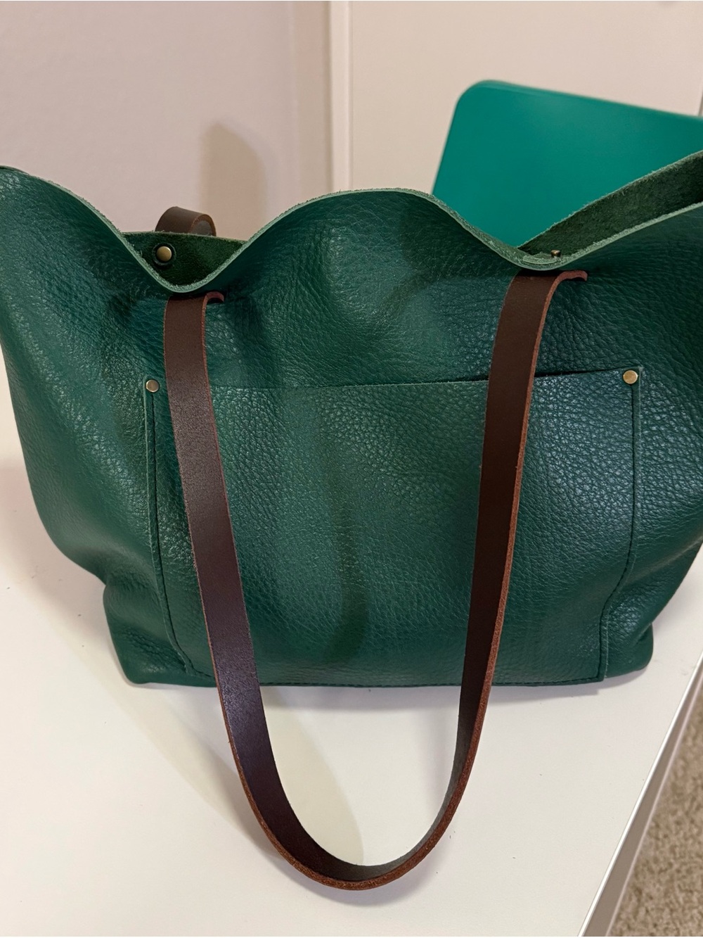 Portland Leather Bacalar medium Green Tote with Brown Straps